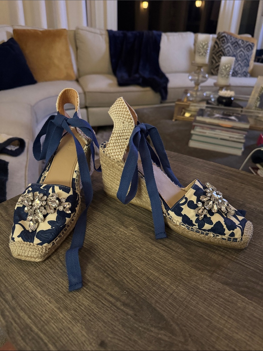 Boden Navy & White Floral Espadrille Wedges with Crystal Embellishment
